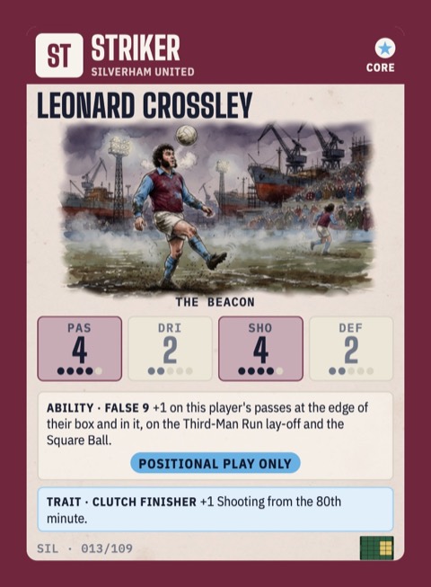 Leonard Crossley, a striker for Silverham United, painted in watercolour.