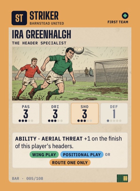 Ira Greenhalgh, the header specialist, striker for Barnstead United, with the Aerial Threat ability.